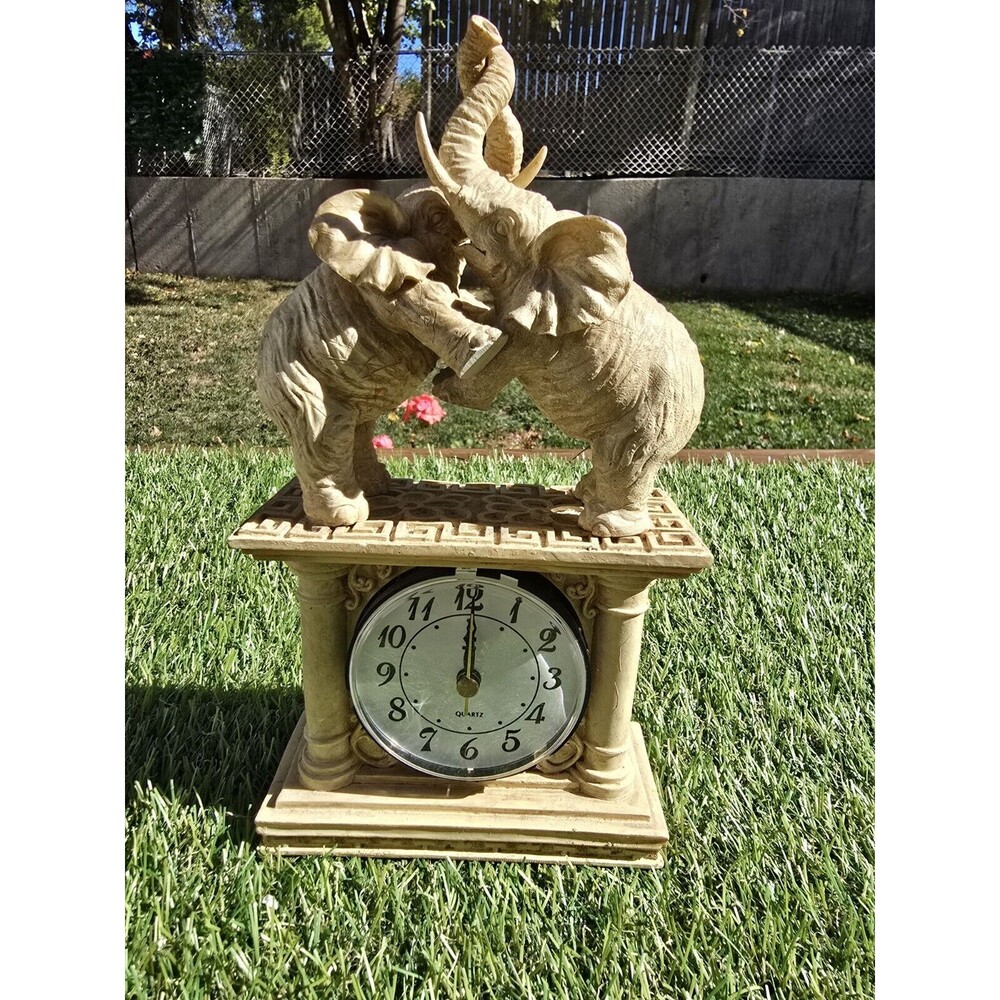 Standing Elephants Clock Mantle Free Standing Ivory Resin 10" Battery Operated - Picture 3 of 15